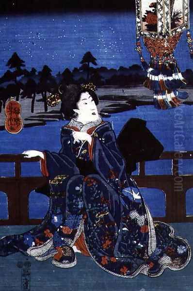 Girl on a Verandah at Night, 1850-51 Oil Painting by Utagawa Yoshitora