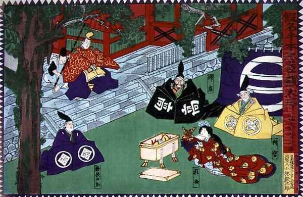 Scene from the 1st act of a kabuki play, 'Kanadehon Chushingura', a tale of revenge based on the forty seven ronin incident of 1703, c.1870 Oil Painting by Utagawa Yoshitora