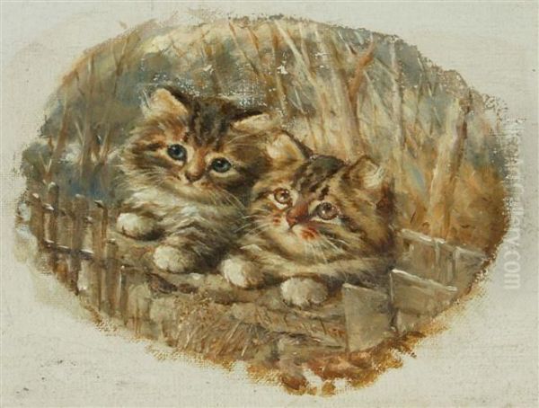 Two Tabby Kittens Overlooking A Fence Oil Painting by Agnes Augusta Talboys