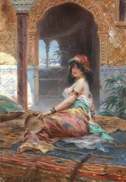 Odalisque Au Tambourin Oil Painting by Henri Adriene Tanoux