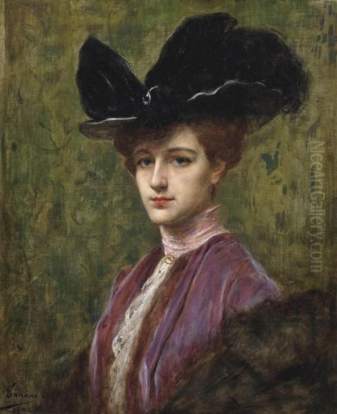 An Elegant Lady In A Black Hat Oil Painting by Henri Adriene Tanoux