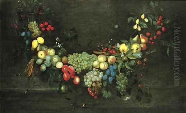 A swag of fruit hanging in a niche, with butterflies, beetles and a snail Oil Painting by Catharina Ykens, Eykens or Ijkens