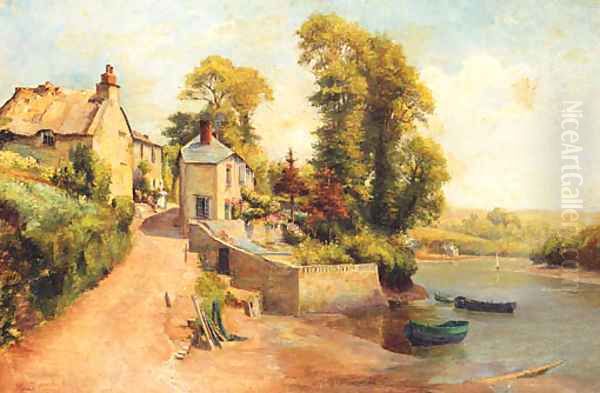 Figures In A Village Street With A River Beyond Oil Painting by Alexander Young