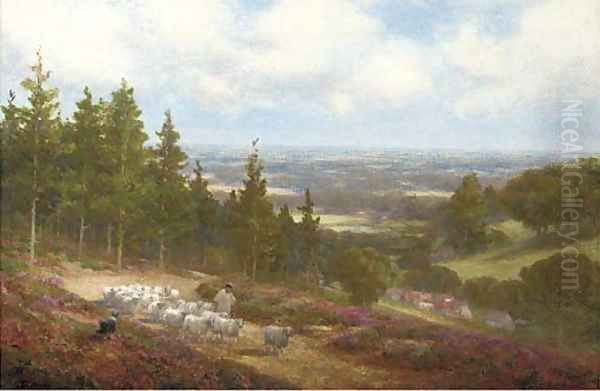 A shepherd with his flock at Shere, near Dorking Oil Painting by Alexander Young