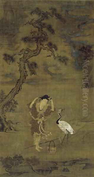 The Daoist Immortal Magu with a Crane and Flower Basket, Yuan Dynasty (ink, colour and gold on silk) Oil Painting by Chen Yuexi