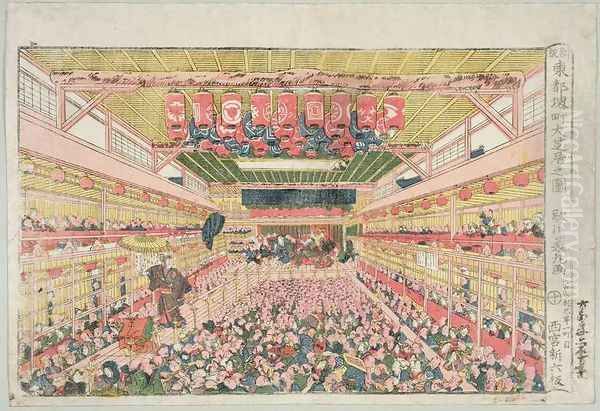 The interior of the Nakamura Theatre, Sakai Street, published by Nishinomiya Shinroku, before 1841 Oil Painting by Utagawa Yoshimara