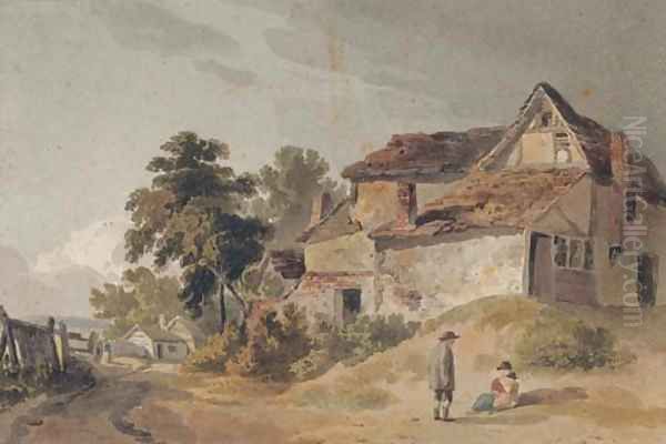 Figures by an old farmhouse at the edge of a track Oil Painting by Tobias Young