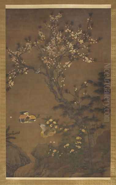 Mandarin Ducks under Peach Blossoms, Yuan Dynasty Oil Painting by Wang Yuan