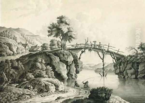 Herders with cattle crossing a bridge with anglers below; and Figures with a horse and cart crossing a bridge Oil Painting by Lieutenant Thomas Yates