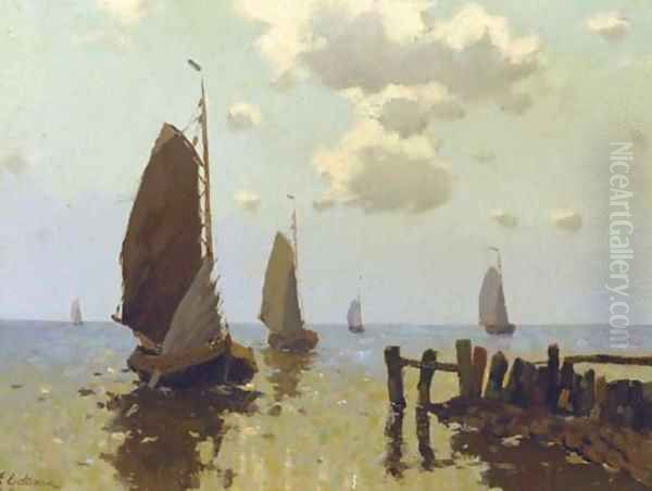 Haven Hindeloopen sailing vessels near the harbour entrance of Hindeloopen Oil Painting by Egnatius Ydema