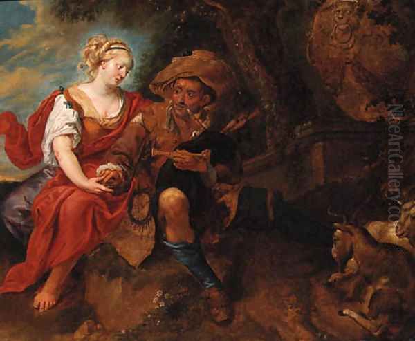 A peasant Woman courting a travelling Musician in a Landscape Oil Painting by Jan Thomas Van Ypren