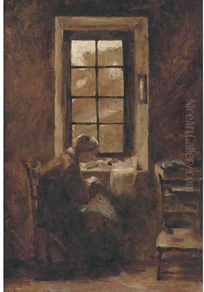 Sewing by the window Oil Painting by Edmond Charles Joseph Yon