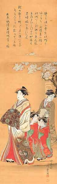 Courtesan and attendants parading under cherry blossoms Oil Painting by Kitagawa Yukimaro