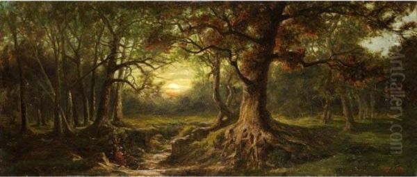 Waldschneise Mit Ausgetrocknetem Bachbett Bei Sonnenuntergang Oil Painting by Karoly Telepy