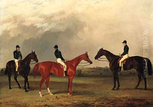 A chestnut and two bay racehorses with jockeys up in an extensive landscape Oil Painting by John Dalby Of York