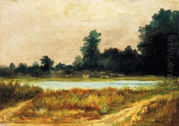 Riverside Scene Oil Painting by Karoly Telepy