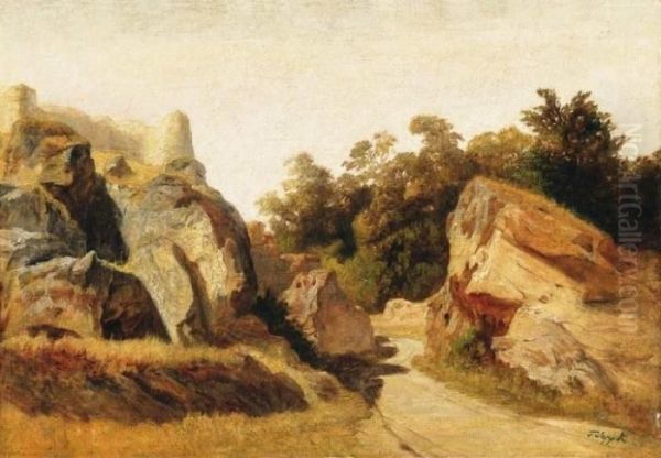 Rocky Landscape Oil Painting by Karoly Telepy