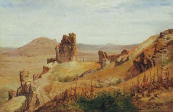 Romantic Landscape With Castle Ruins Oil Painting by Karoly Telepy