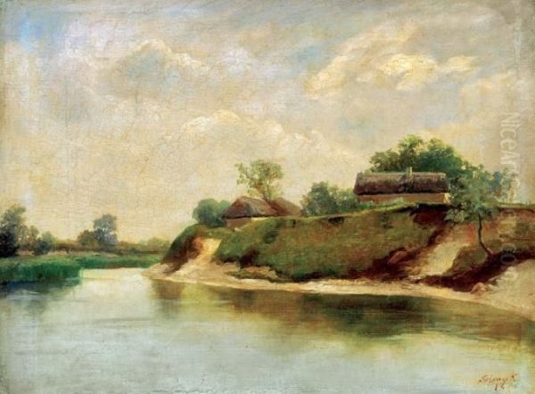 Riverside Oil Painting by Karoly Telepy