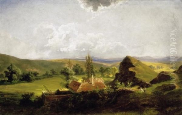 Hilly Landscape With Children Playing Oil Painting by Karoly Telepy