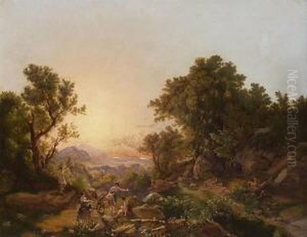 Ideale Landschaft Mit Lagernden Und Jagenden Nymphen Dianas. Oil Painting by Karoly Telepy