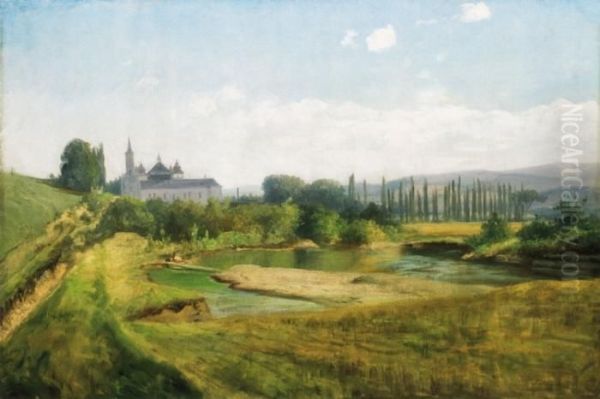 Riverside Landscape With A Castle Oil Painting by Karoly Telepy