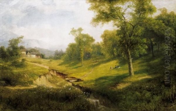 Landscape Witha Brook And Walking People Oil Painting by Karoly Telepy