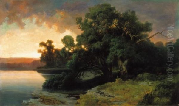 Landscape With Hunters Oil Painting by Karoly Telepy