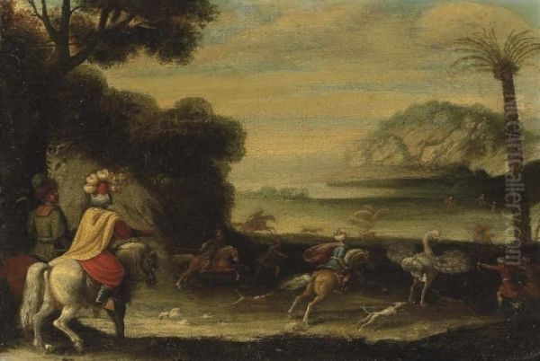 Figures In Oriental Attire On Horseback Hunting Ostriches In An Exotic Landscape Oil Painting by Antonia Tempesta