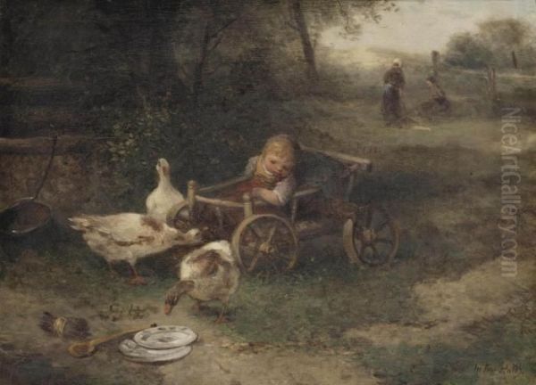 A Child In A Pull-along Wagon Watching The Ducks Oil Painting by Jan Mari Henri Ten Kate