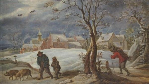 A Winter Landscape With Peasants On A Track Oil Painting by David The Younger Teniers