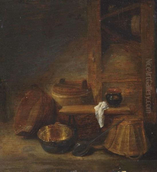 A Barrel, An Upturned Basket, A Ladle And A Jug On A Bench - A Fragment Oil Painting by David The Younger Teniers