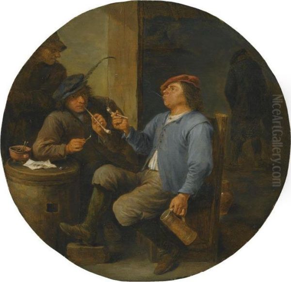 Two Peasants Smoking Pipes In A Tavern Oil Painting by David The Younger Teniers