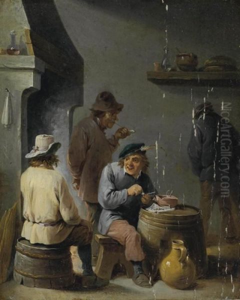 Peasants Smoking By A Hearth In An Interior Oil Painting by David The Younger Teniers