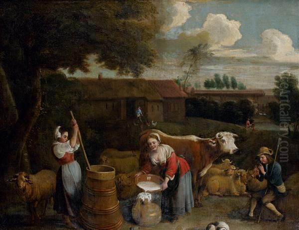 Le Barratage Du Lait Au Son D'un Flageolet Oil Painting by David The Younger Teniers