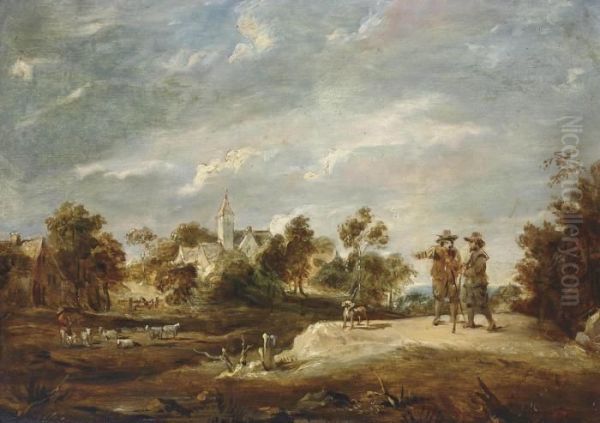 A Wooded Landscape With Two Figures Conversing Oil Painting by David The Younger Teniers