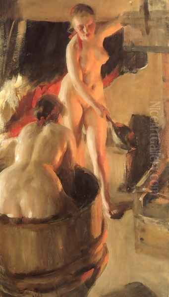 Badande kullor i bastun (Women bathing in the sauna) Oil Painting by Anders Zorn