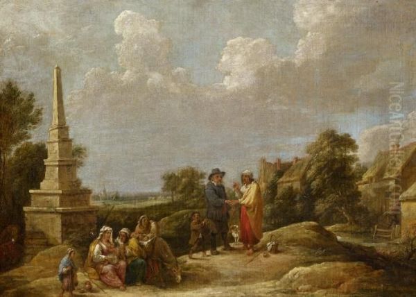 Village Landscape With An Obelisk Oil Painting by David The Younger Teniers