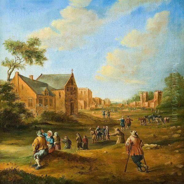 Busy Village Scenery Oil Painting by David The Younger Teniers