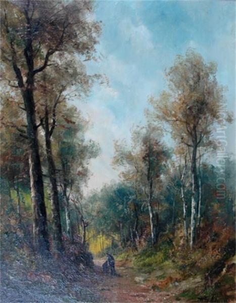 Wood Landscape With Figures On A Pathway Oil Painting by Charles Henry Tenre