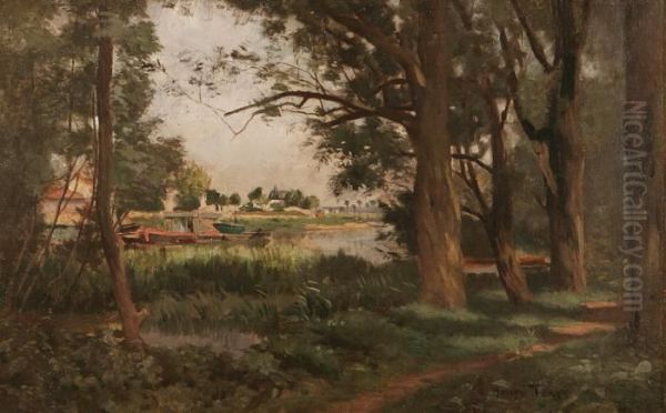 Paesaggio Fluviale Con Alberi E Barcone Oil Painting by Charles Henry Tenre