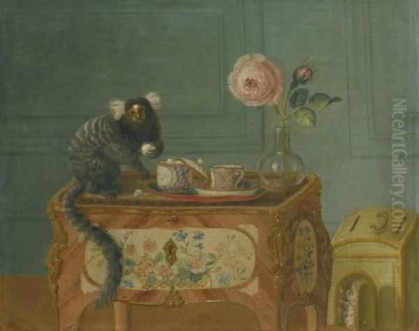 A Marmoset Taking Sweets On A Painted Commode Oil Painting by Louis Tessier