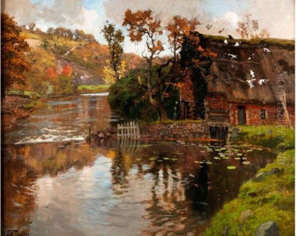 Strohgedeckte Hutte Am Fluss Oil Painting by Fritz Thaulow