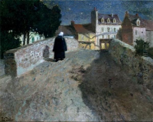 Le Soir A Quimperle, Bretonne Sur Le Pont Oil Painting by Fritz Thaulow