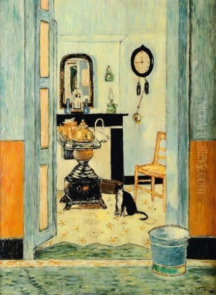 Interieur Au Poele De Louvainet Au Chat Oil Painting by Louis Thevenet