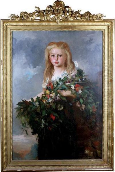 Portrait De Jeune Fille Au Bouquet De Fleurs Des Champs Oil Painting by Eugene Thirion