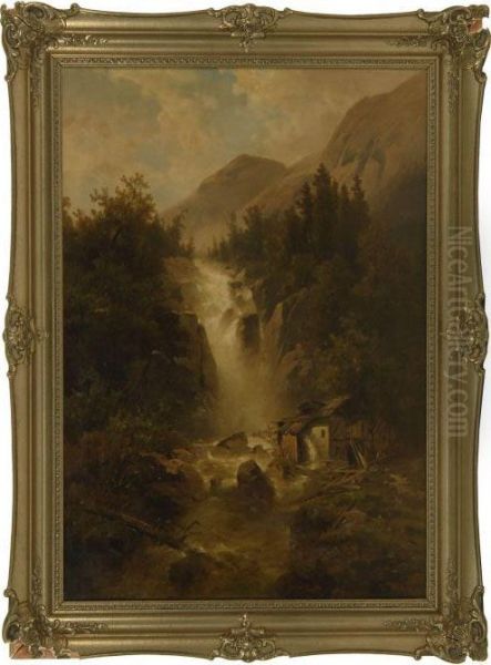 Waterfall In An Alpine Landscape Oil Painting by Josef Thoma