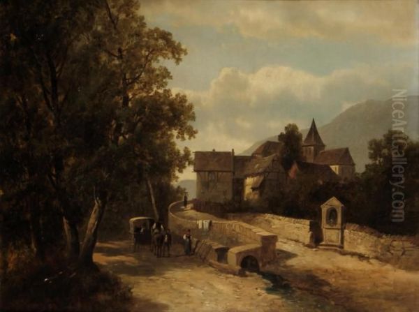 Village Scene Oil Painting by Josef Thoma