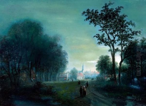 Wandelaars Aan Een Dorpsrand Bij Maanlicht Oil Painting by Pieter Hendrik Thomas