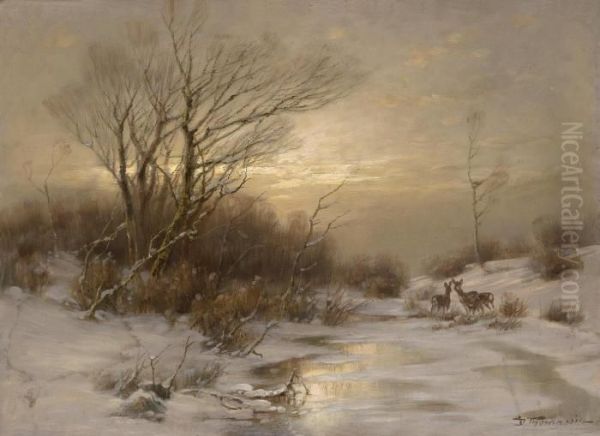 Deer In A Winter Landscape Oil Painting by Desire Tomassin